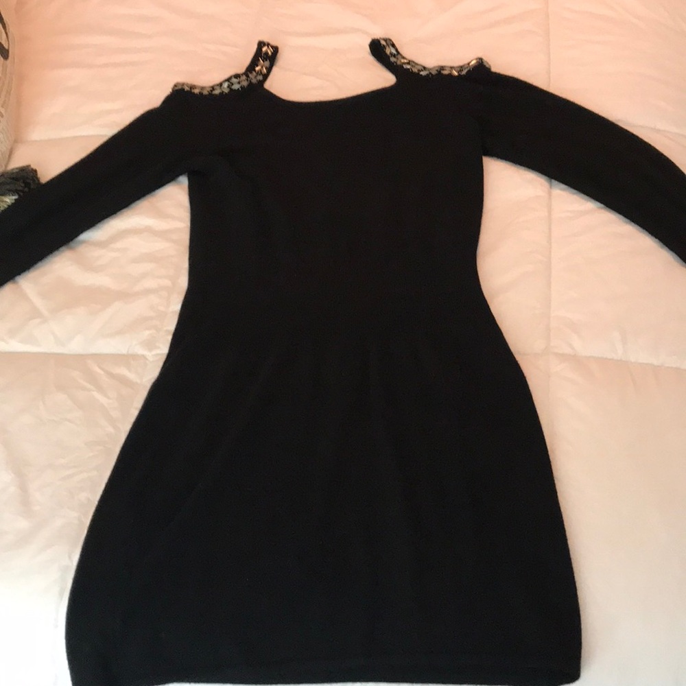 Black sweater dress with silver beading